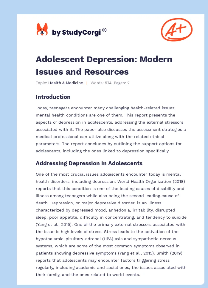 Adolescent Depression: Modern Issues and Resources. Page 1