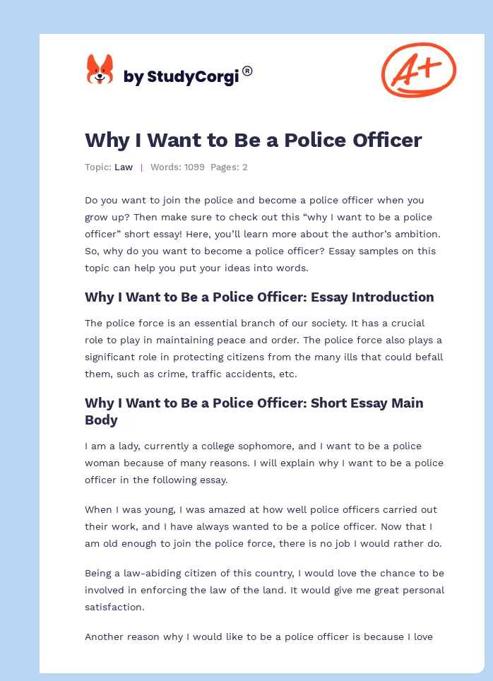 Why I Want to Be a Police Officer. Page 1