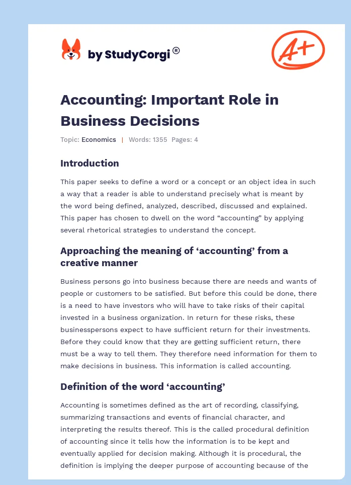 Accounting: Important Role in Business Decisions. Page 1