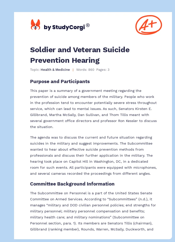 Soldier and Veteran Suicide Prevention Hearing. Page 1