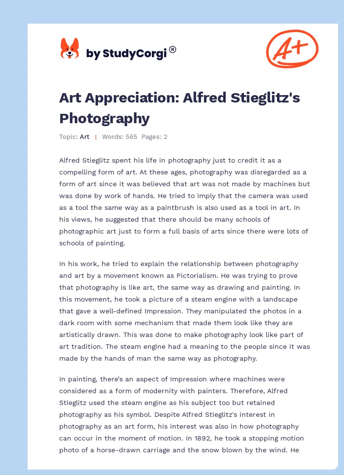 Art Appreciation: Alfred Stieglitz's Photography. Page 1
