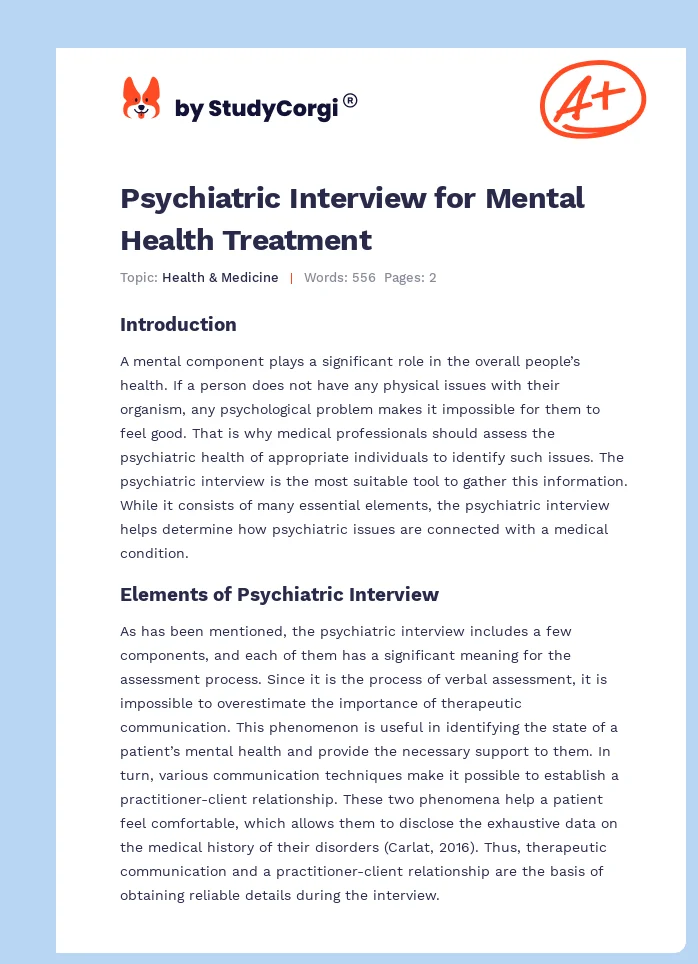 Psychiatric Interview for Mental Health Treatment. Page 1