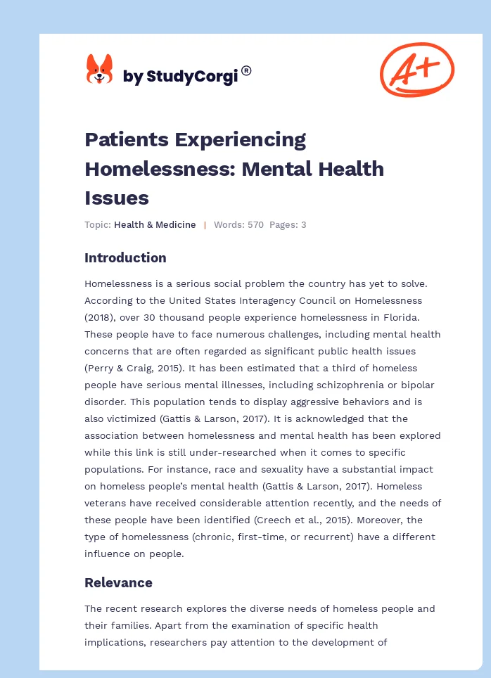 Patients Experiencing Homelessness: Mental Health Issues. Page 1