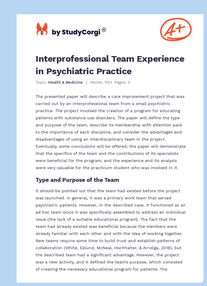 Interprofessional Team Experience in Psychiatric Practice. Page 1