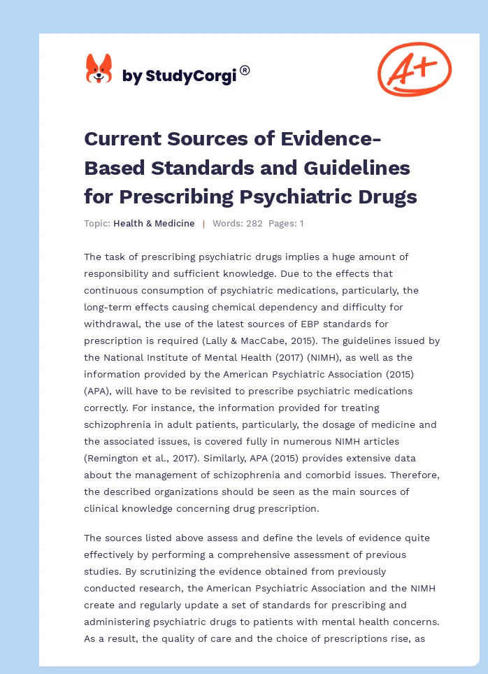 Current Sources of Evidence-Based Standards and Guidelines for Prescribing Psychiatric Drugs. Page 1