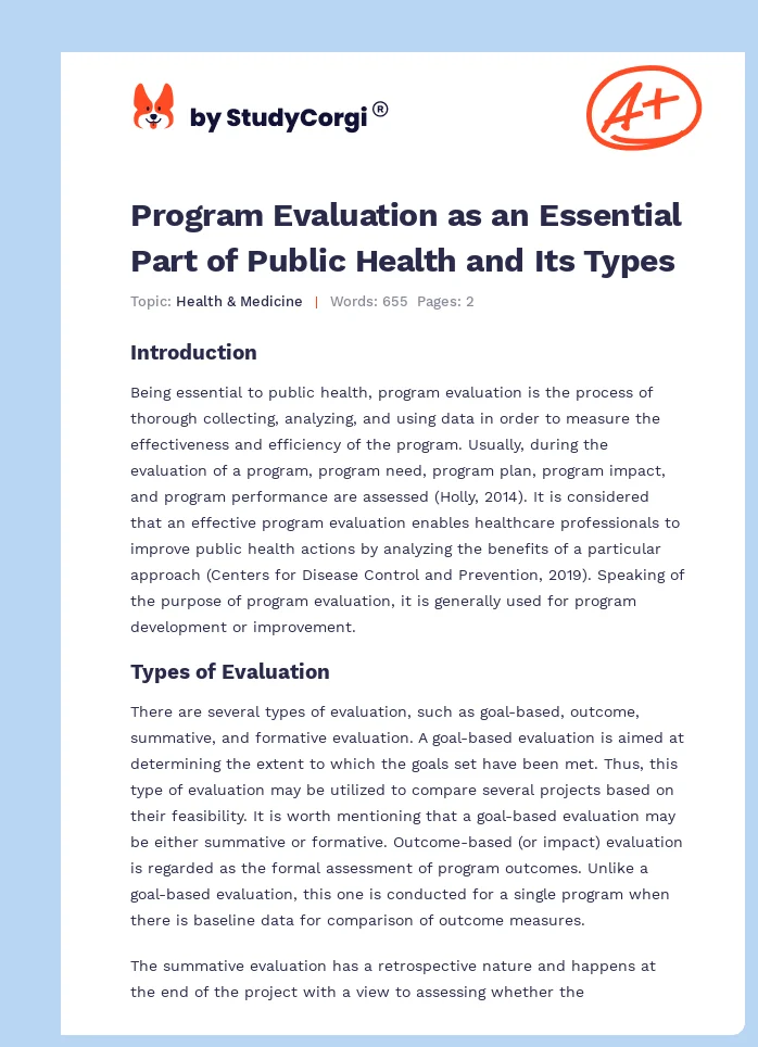 Program Evaluation as an Essential Part of Public Health and Its Types. Page 1