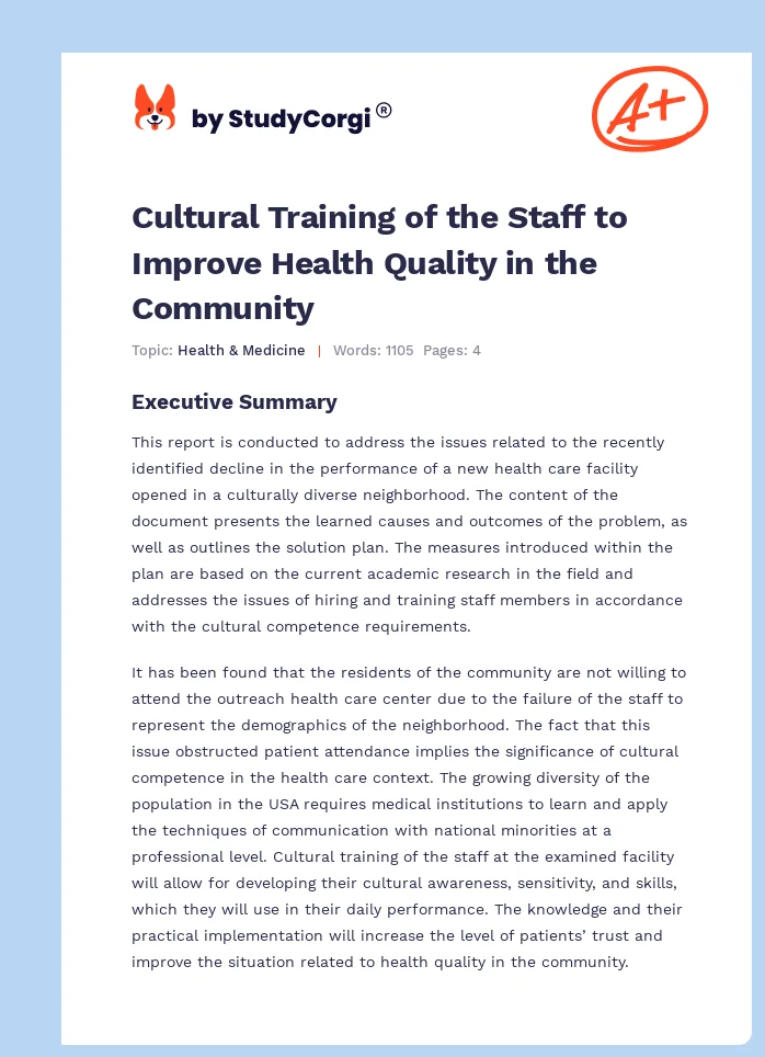 Cultural Training of the Staff to Improve Health Quality in the Community. Page 1