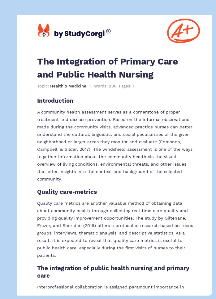 The Integration of Primary Care and Public Health Nursing. Page 1