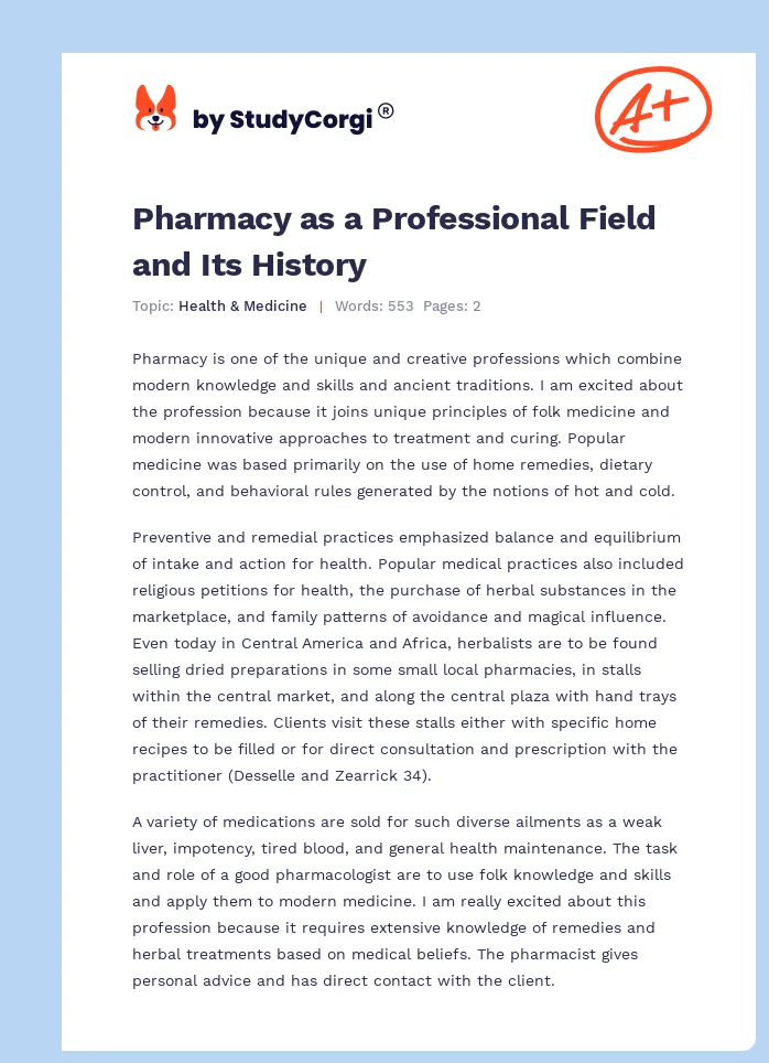 Pharmacy as a Professional Field and Its History. Page 1
