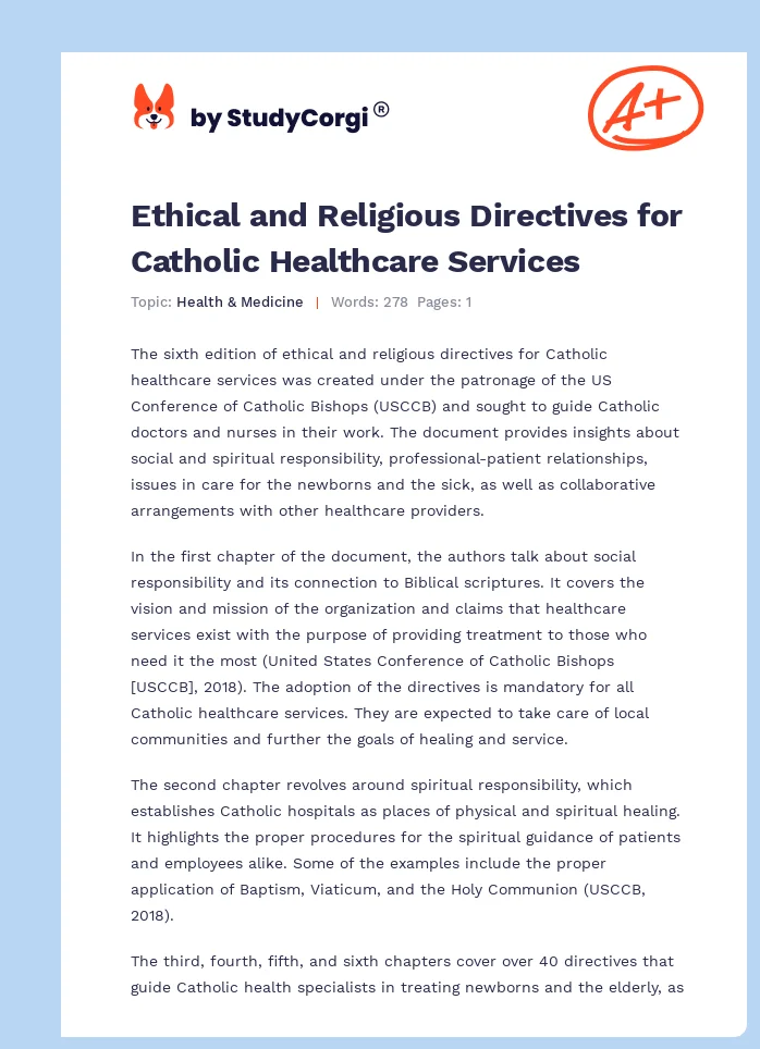 Ethical and Religious Directives for Catholic Healthcare Services. Page 1