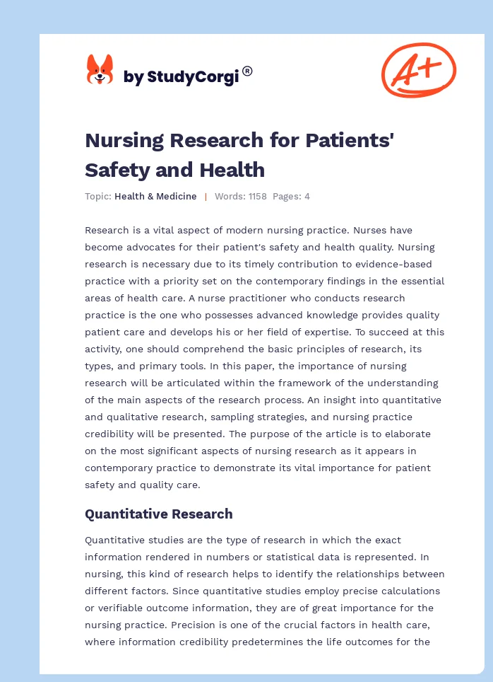 Nursing Research for Patients' Safety and Health. Page 1