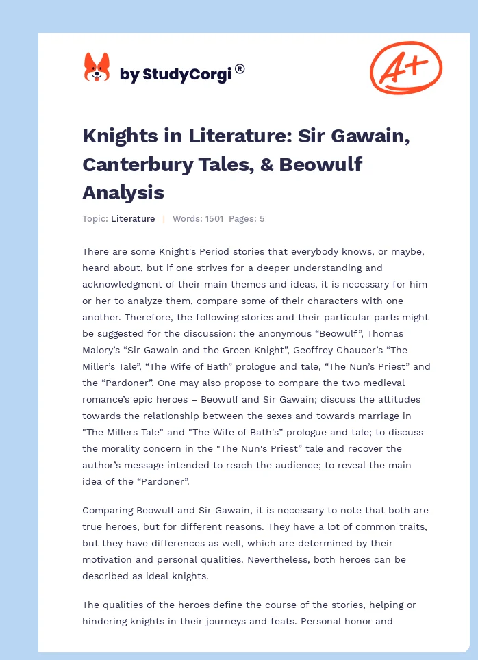 Knights in Literature: Sir Gawain, Canterbury Tales, & Beowulf Analysis. Page 1