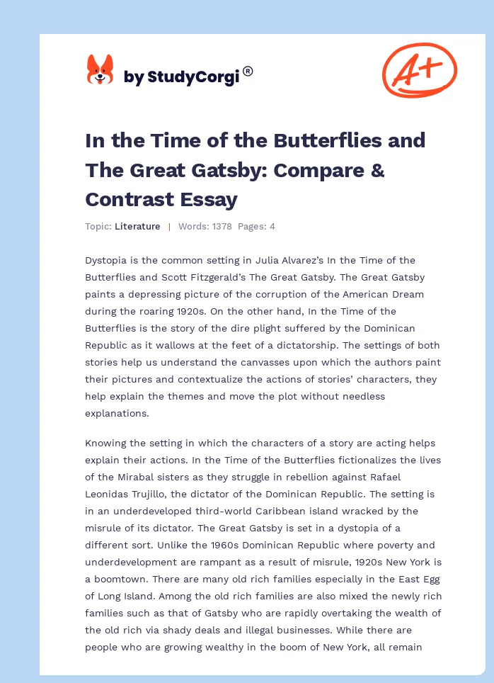 In the Time of the Butterflies and The Great Gatsby: Compare & Contrast Essay. Page 1