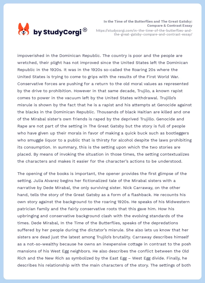 In the Time of the Butterflies and The Great Gatsby: Compare & Contrast Essay. Page 2