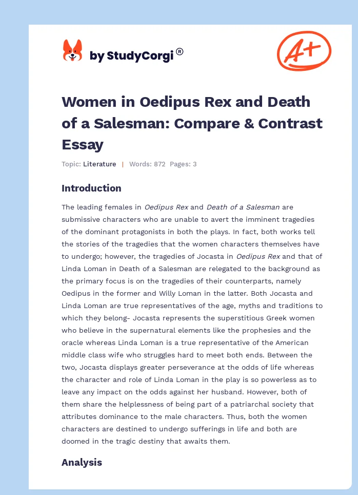 Women in Oedipus Rex and Death of a Salesman: Compare & Contrast Essay. Page 1