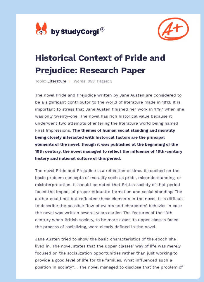 Historical Context of Pride and Prejudice: Research Paper. Page 1