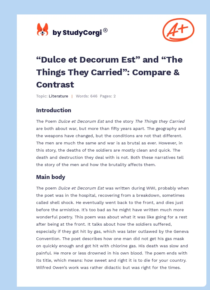 “Dulce et Decorum Est” and “The Things They Carried”: Compare & Contrast. Page 1