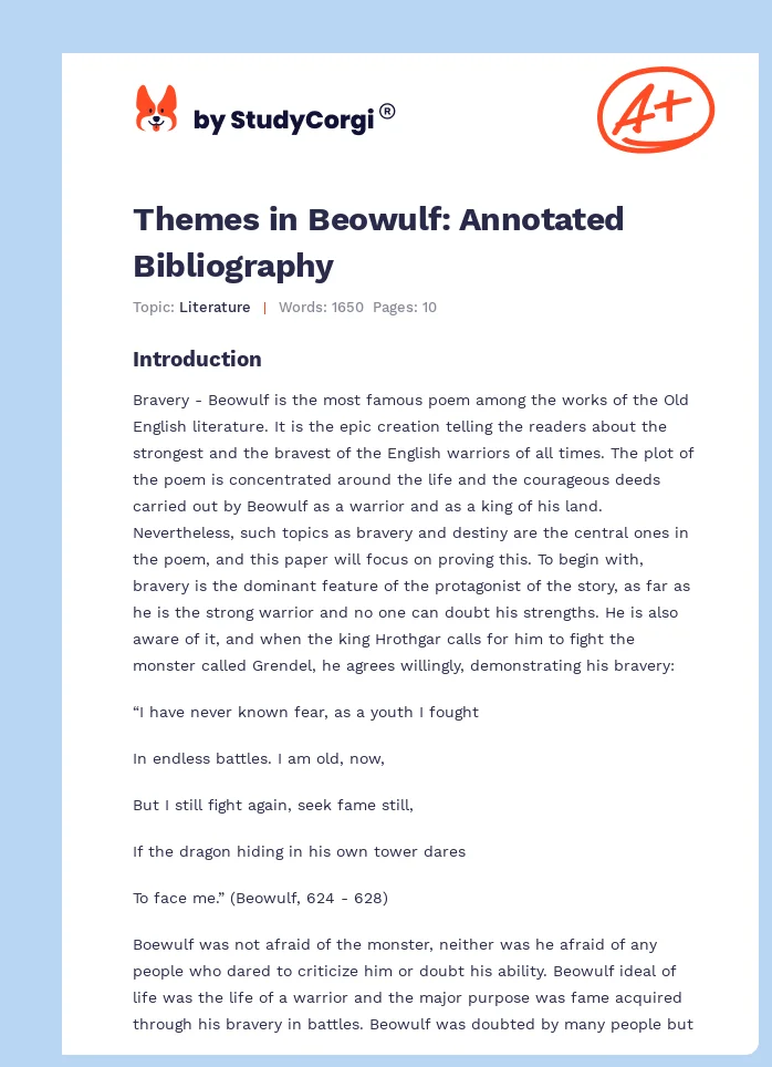 Themes in Beowulf: Annotated Bibliography. Page 1