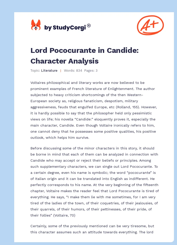 Lord Pococurante in Candide: Character Analysis. Page 1