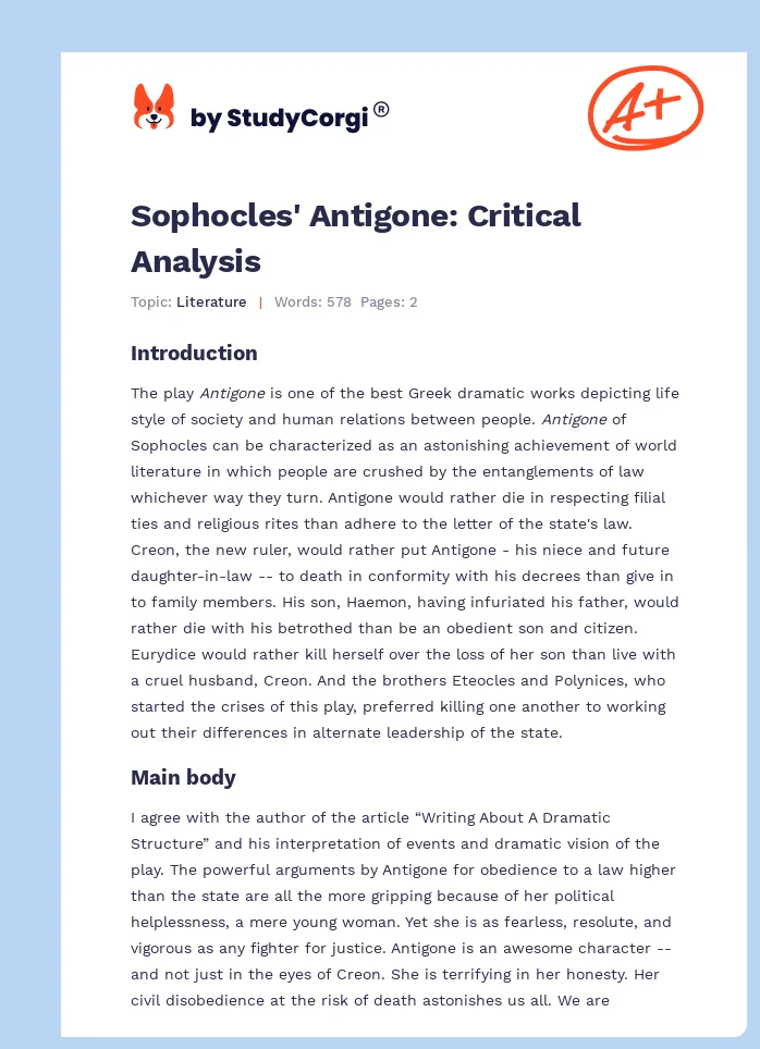 Sophocles' Antigone: Critical Analysis. Page 1