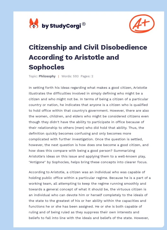 Citizenship and Civil Disobedience According to Aristotle and Sophocles. Page 1