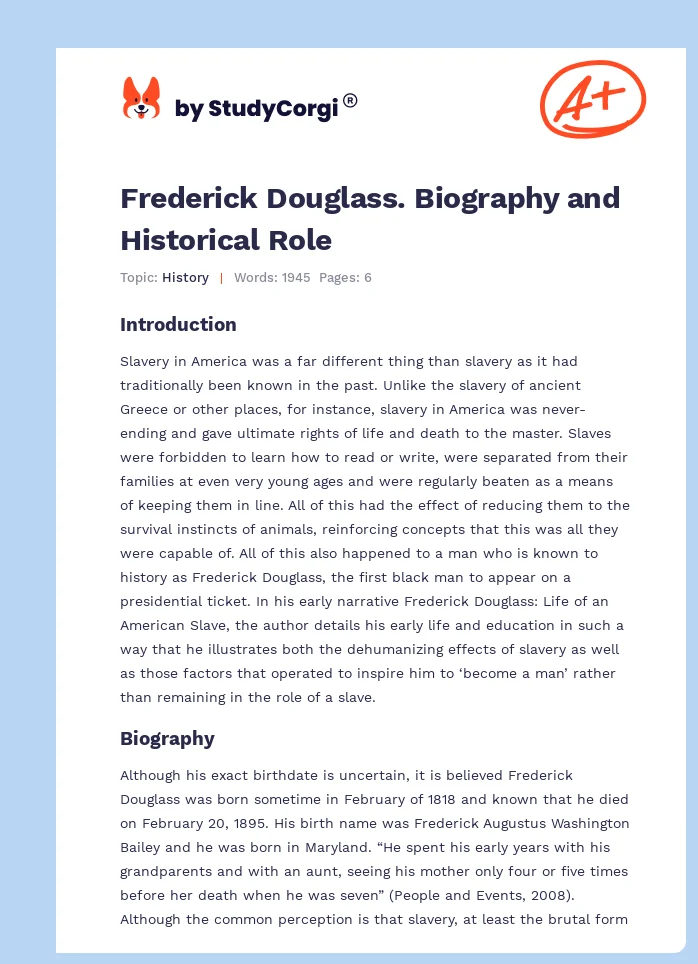 Frederick Douglass. Biography and Historical Role. Page 1