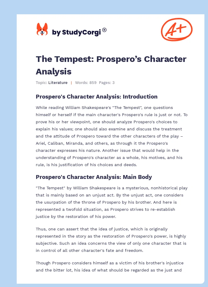 The Tempest: Prospero’s Character Analysis. Page 1