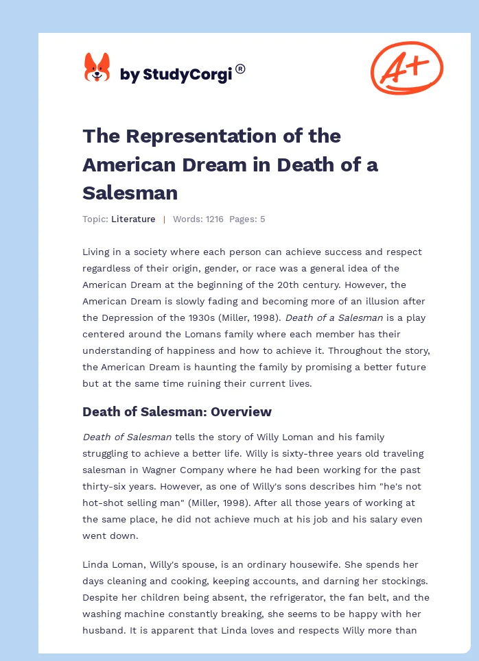The Representation of the American Dream in Death of a Salesman. Page 1