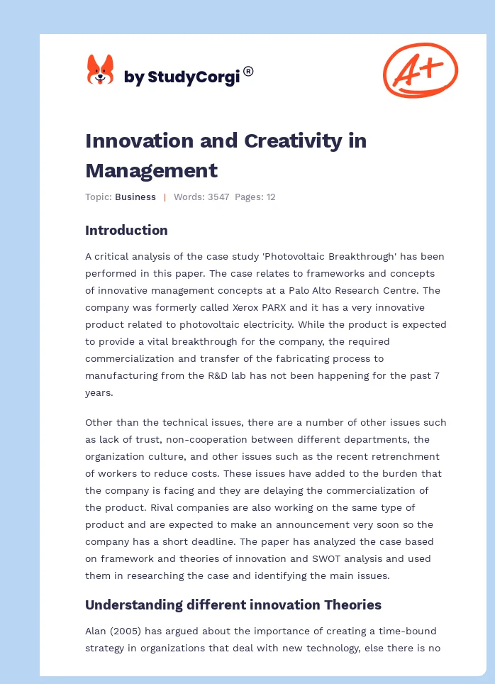 Innovation and Creativity in Management. Page 1