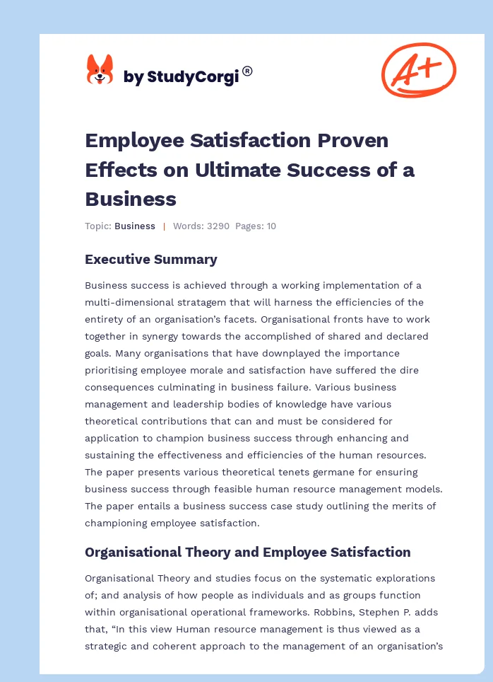 Employee Satisfaction Proven Effects on Ultimate Success of a Business. Page 1