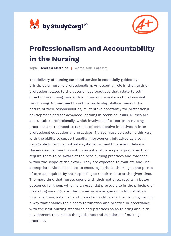 Professionalism and Accountability in the Nursing. Page 1