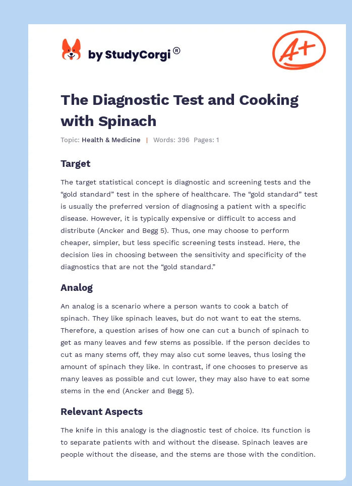 The Diagnostic Test and Cooking with Spinach. Page 1