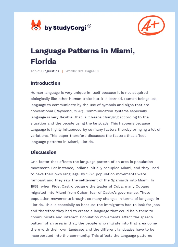 Language Patterns in Miami, Florida. Page 1
