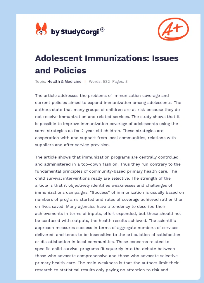 Adolescent Immunizations: Issues and Policies. Page 1