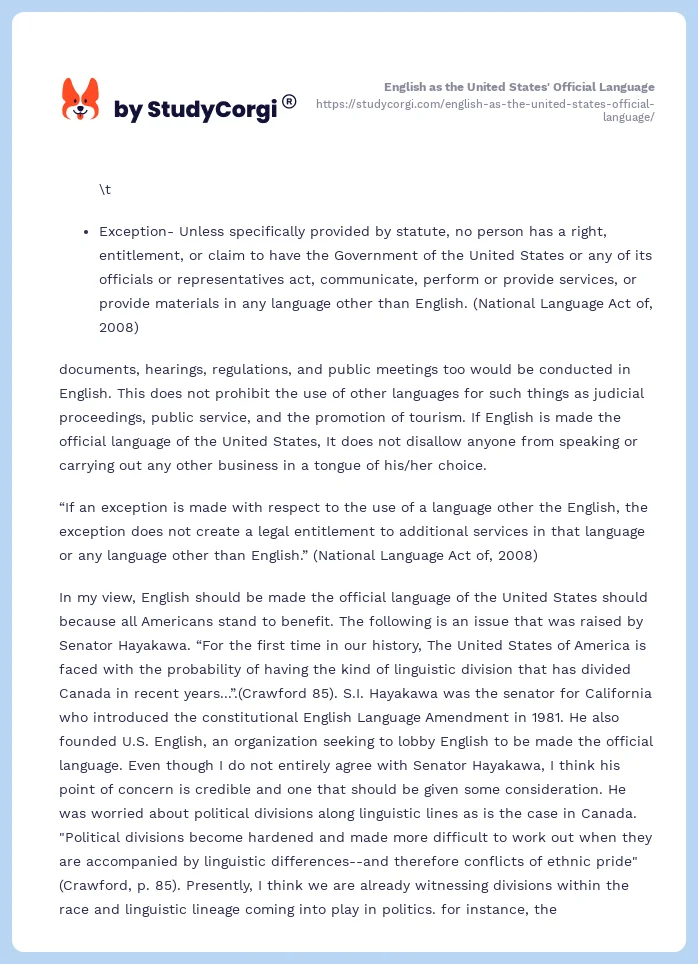 English as the United States' Official Language. Page 2