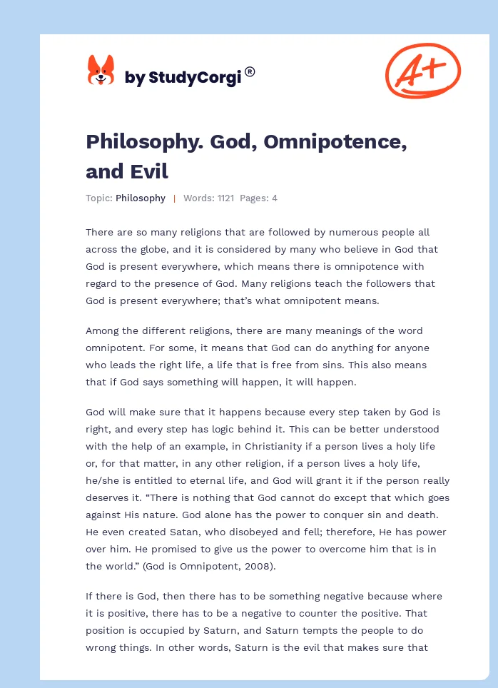 Philosophy. God, Omnipotence, and Evil. Page 1