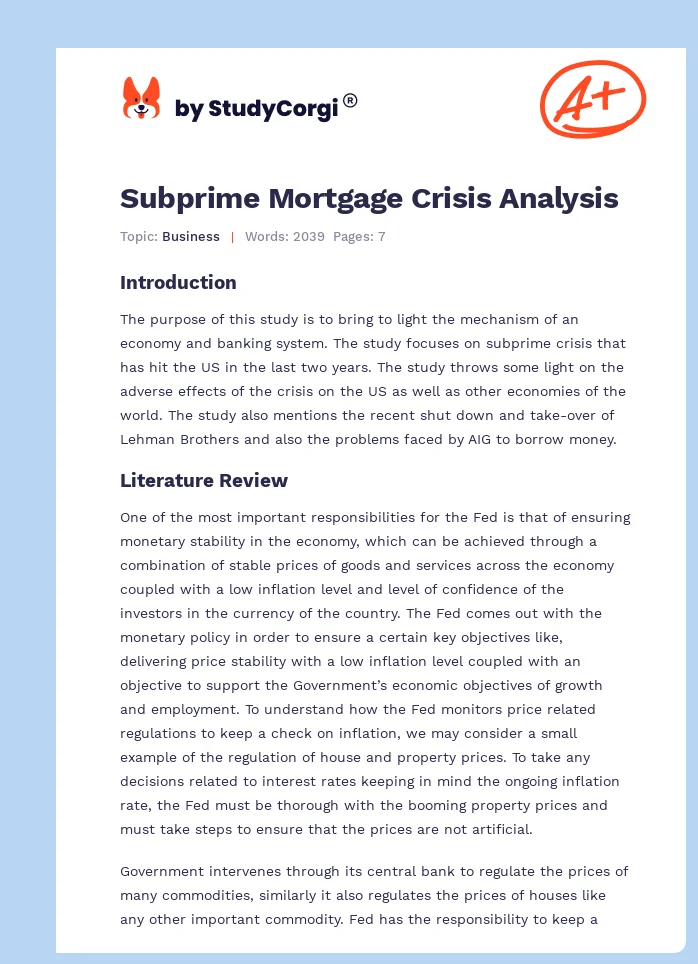 Subprime Mortgage Crisis Analysis. Page 1