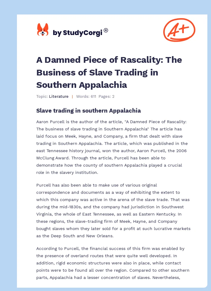 A Damned Piece of Rascality: The Business of Slave Trading in Southern Appalachia. Page 1
