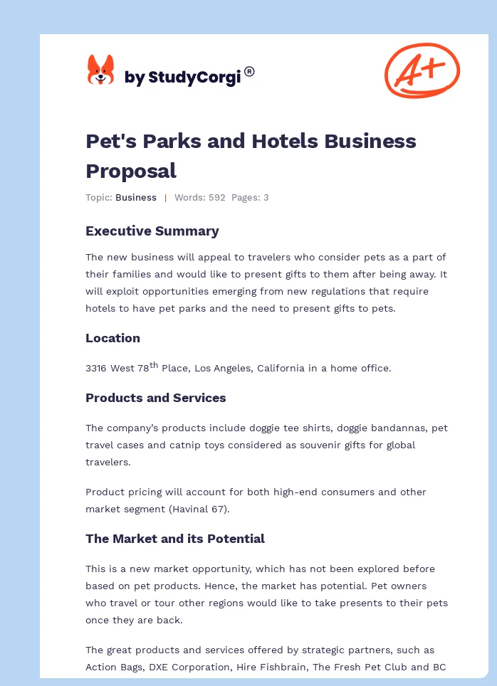Pet's Parks and Hotels Business Proposal. Page 1