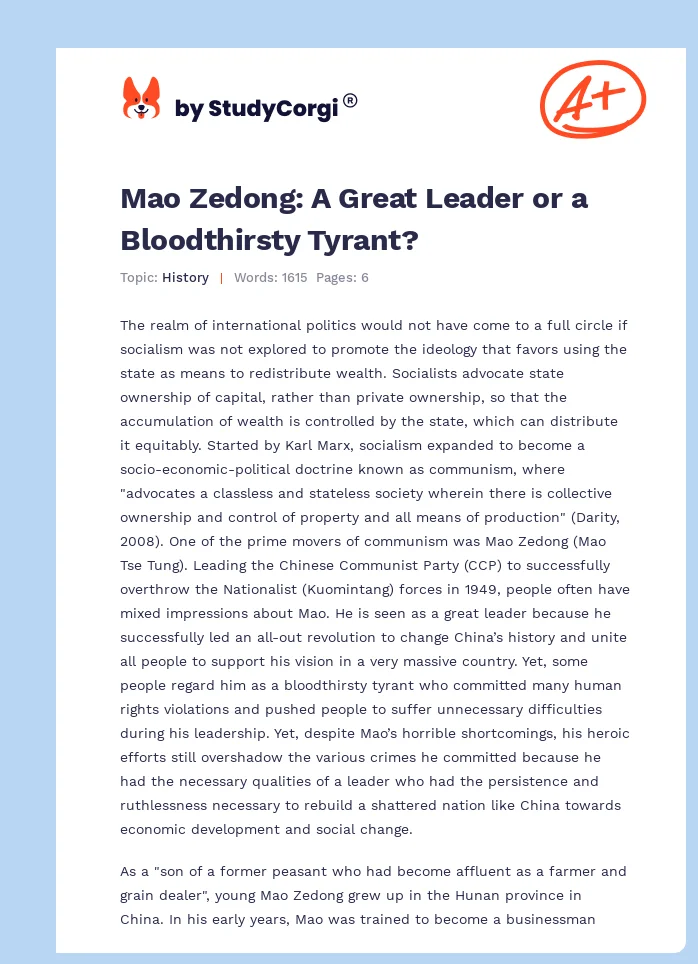 Mao Zedong: A Great Leader or a Bloodthirsty Tyrant?. Page 1