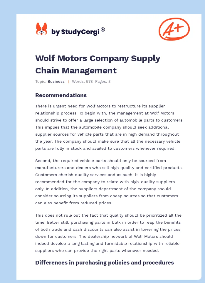 Wolf Motors Company Supply Chain Management. Page 1