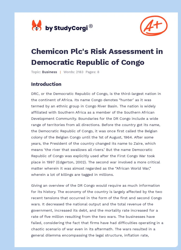 Chemicon Plc's Risk Assessment in Democratic Republic of Congo. Page 1