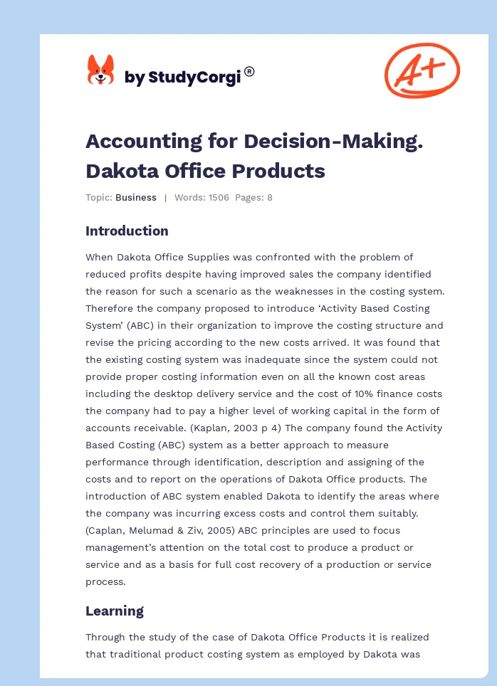 Accounting for Decision-Making. Dakota Office Products. Page 1