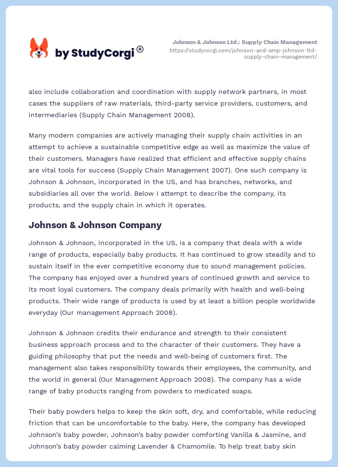Johnson & Johnson Ltd.: Supply Chain Management. Page 2