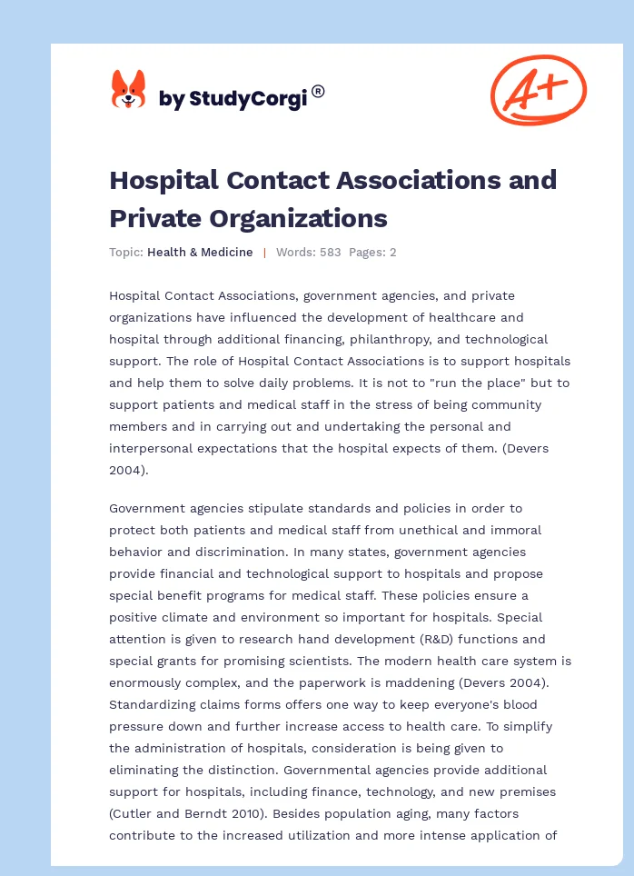 Hospital Contact Associations and Private Organizations. Page 1