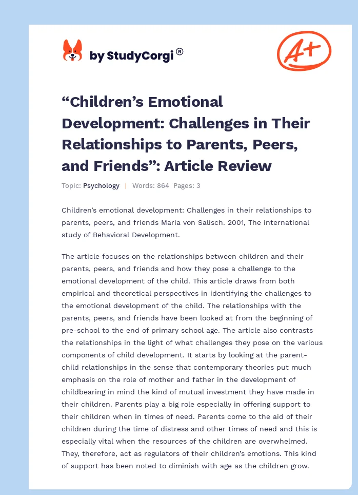 “Children’s Emotional Development: Challenges in Their Relationships to Parents, Peers, and Friends”: Article Review. Page 1