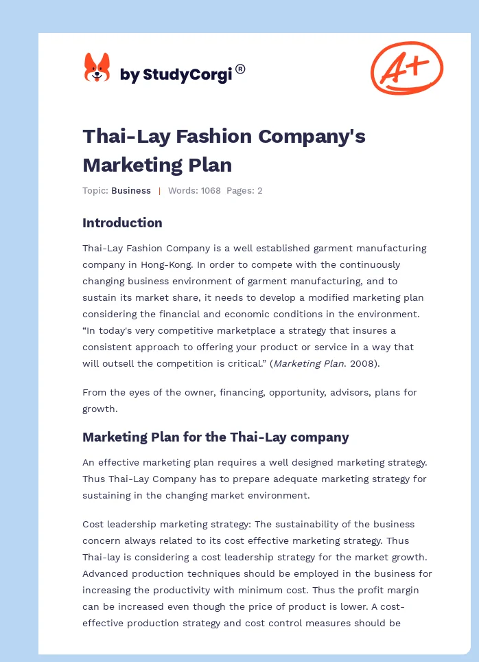 Thai-Lay Fashion Company's Marketing Plan. Page 1