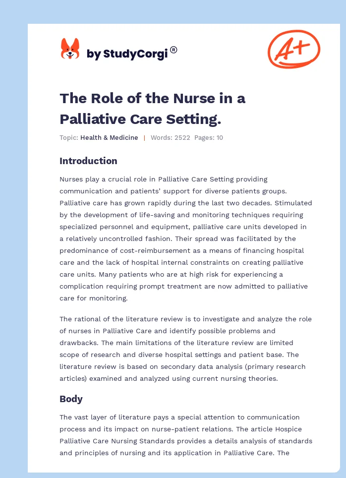 The Role of the Nurse in a Palliative Care Setting.. Page 1