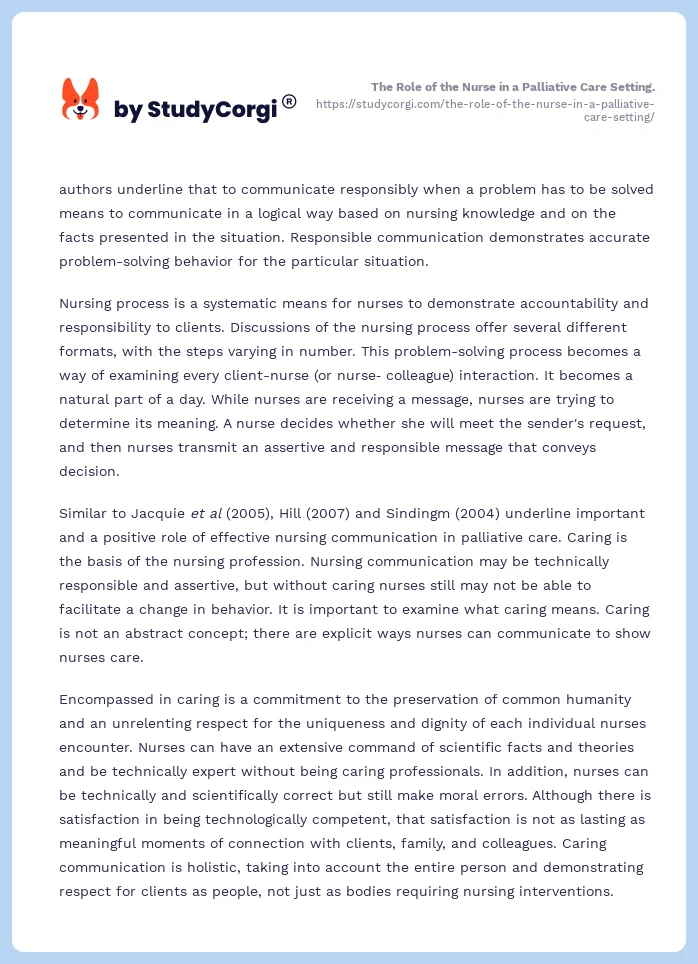 The Role of the Nurse in a Palliative Care Setting.. Page 2