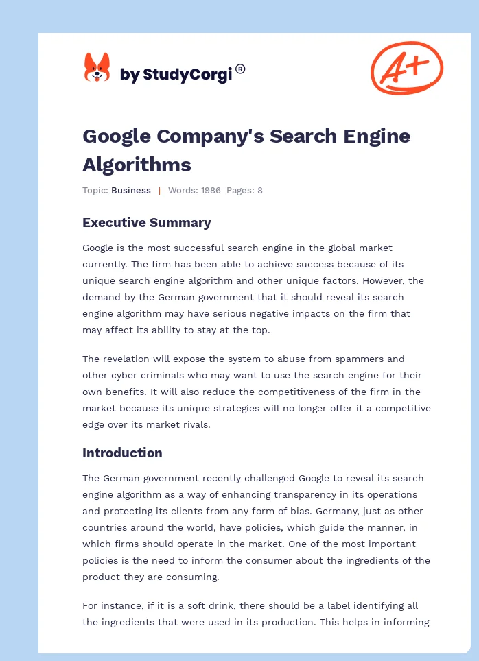Google Company's Search Engine Algorithms. Page 1